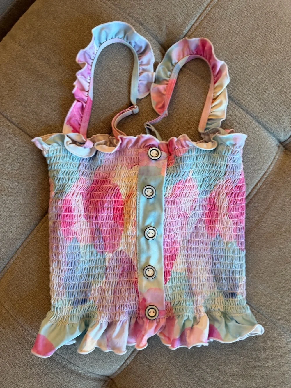 RAD swim Betsey Smocked Tankini Top tank rainbow lined tie-up corset style swim